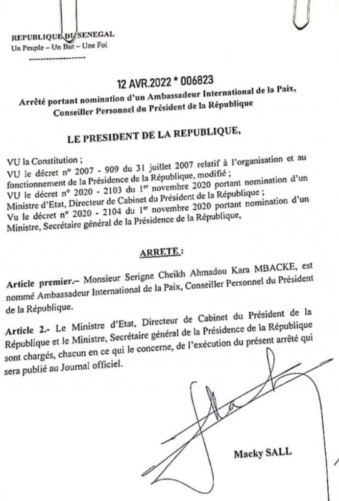 Serigne Modou Kara Mbacké nommé par Macky Sall 